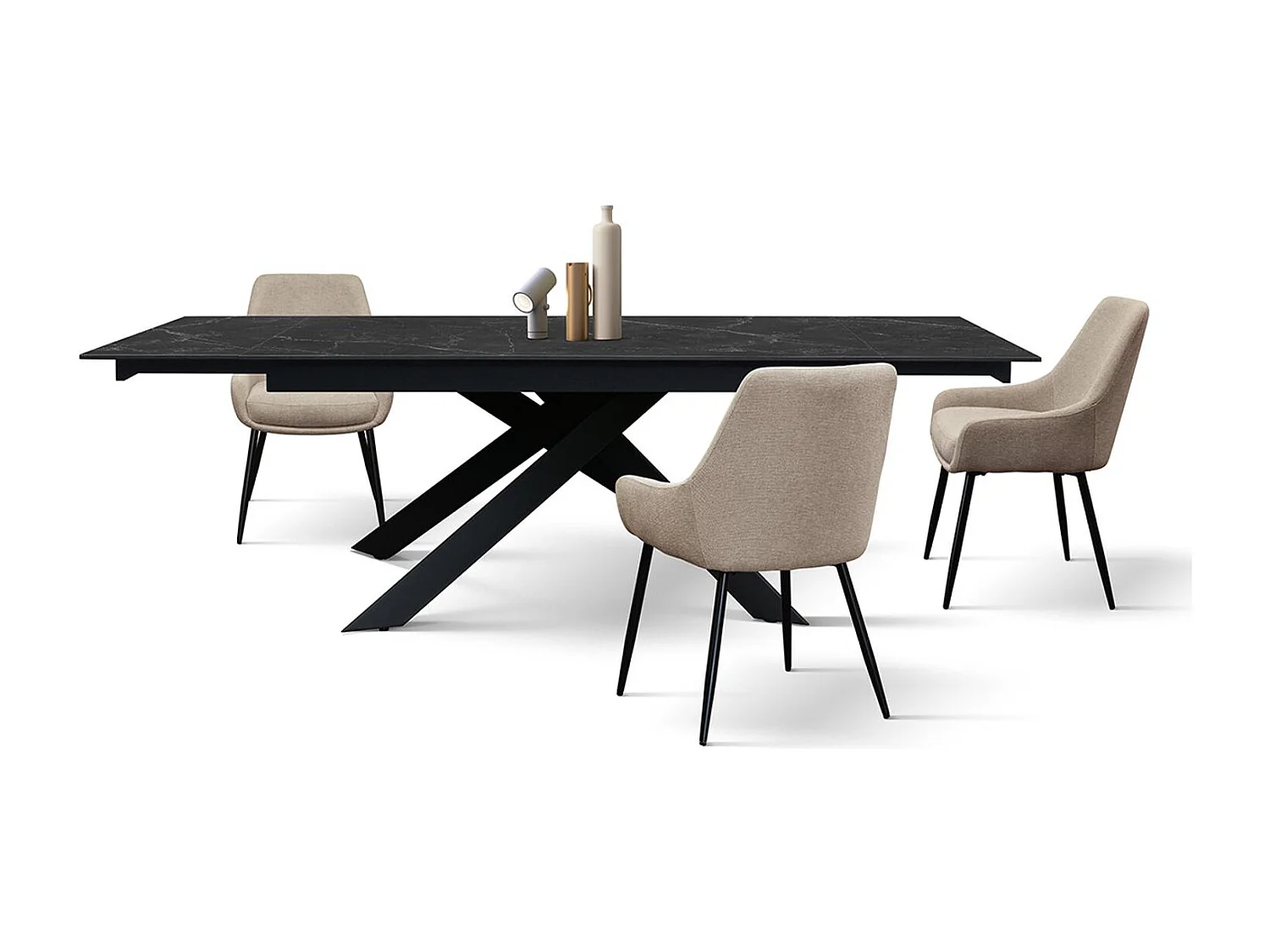 Table en céramique, effet marbre noir et piètement en métal noir, 160x90-240x90 cm - CALVI
