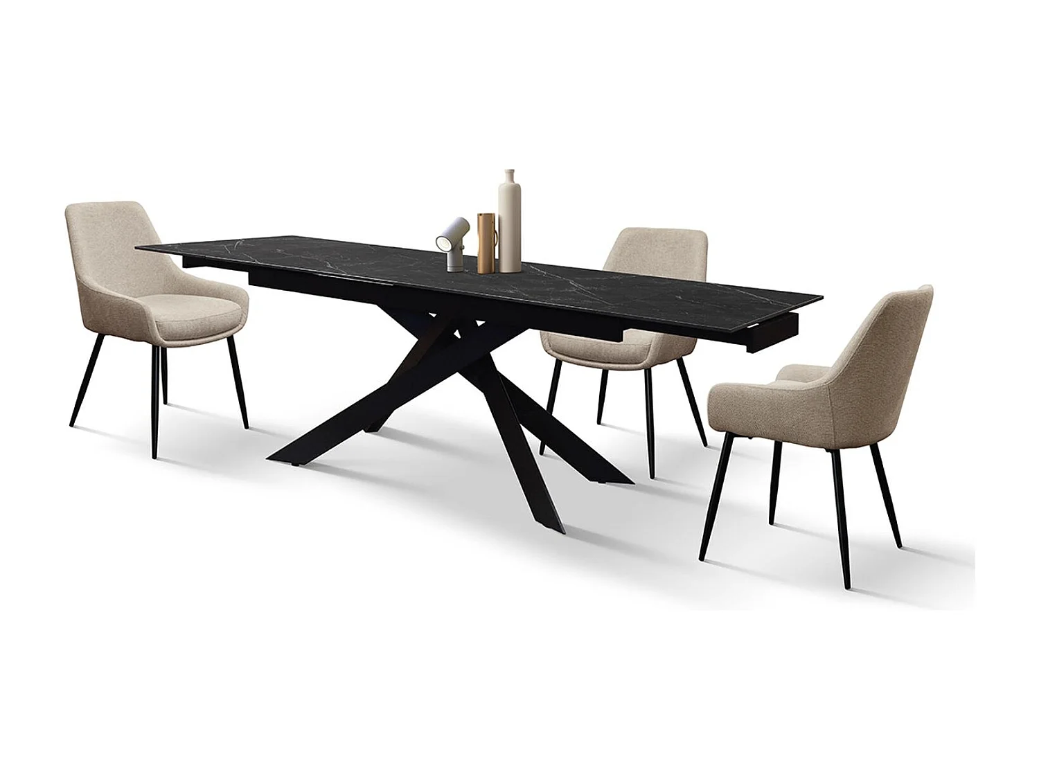 Table en céramique, effet marbre noir et piètement en métal noir, 160x90-240x90 cm - CALVI