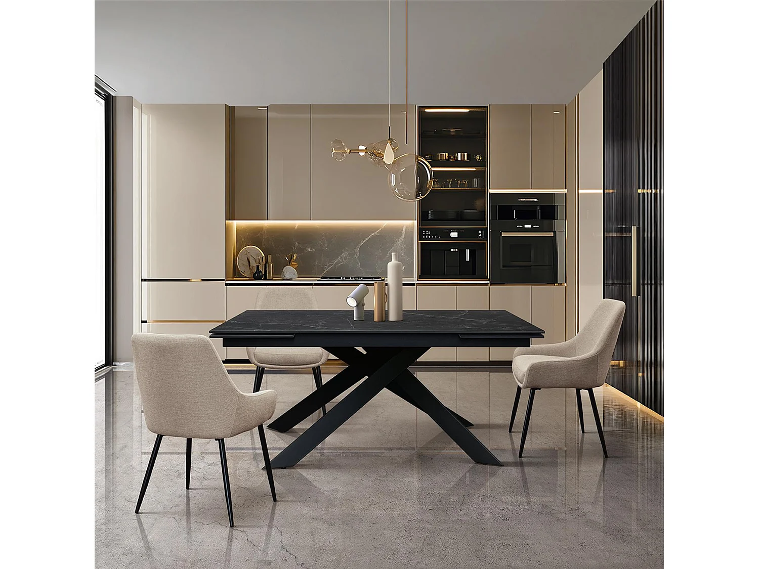 Table en céramique, effet marbre noir et piètement en métal noir, 160x90-240x90 cm - CALVI