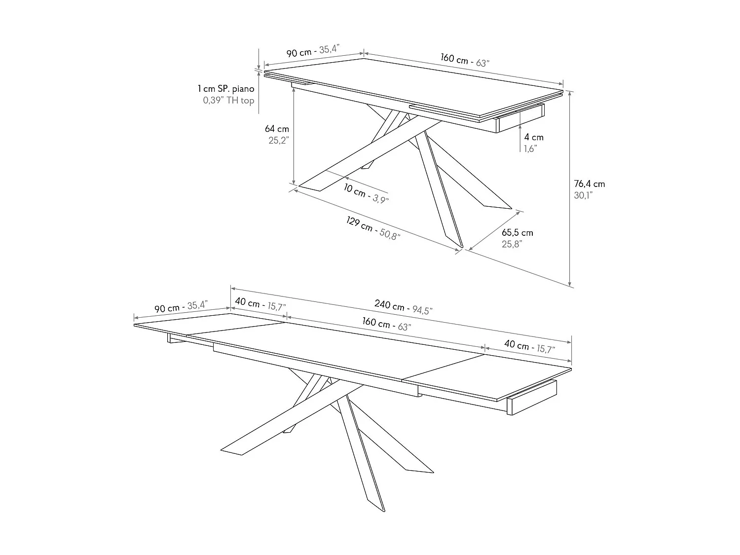 Table en céramique, effet marbre noir et piètement en métal noir, 160x90-240x90 cm - CALVI