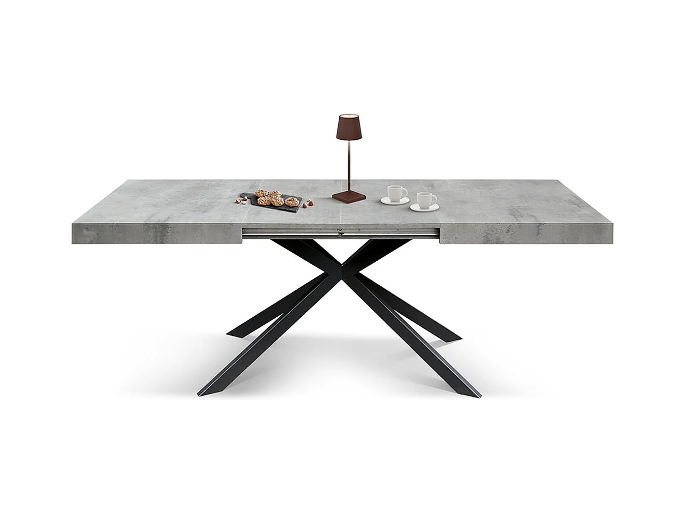 Tavolo in legno, finitura grigio, base a X in metallo antracite, 180×90– 260×90 - CAMAIORE