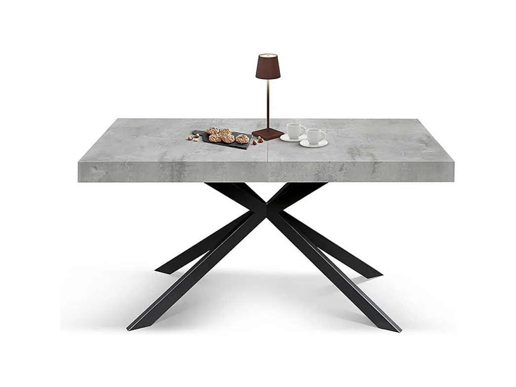 Holztisch, graue Oberfläche, X-Fußgestell aus anthrazitfarbenem Metall, 180×90– 260×90 - CAMAIORE