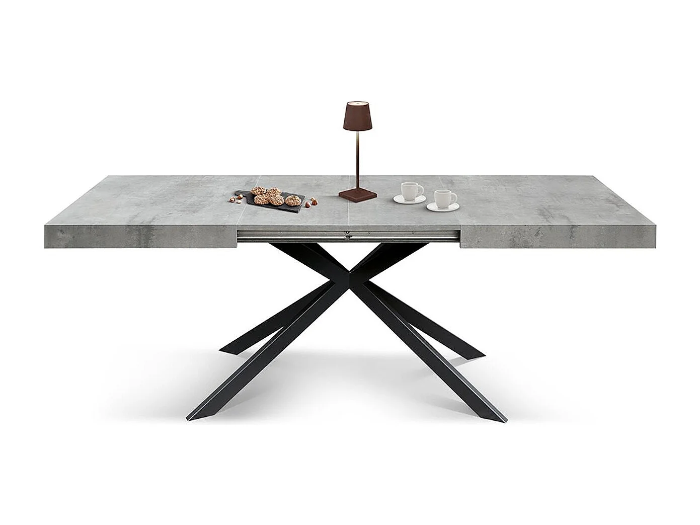 Tavolo in legno, finitura grigio, base a X in metallo antracite, 180×90– 260×90 - CAMAIORE