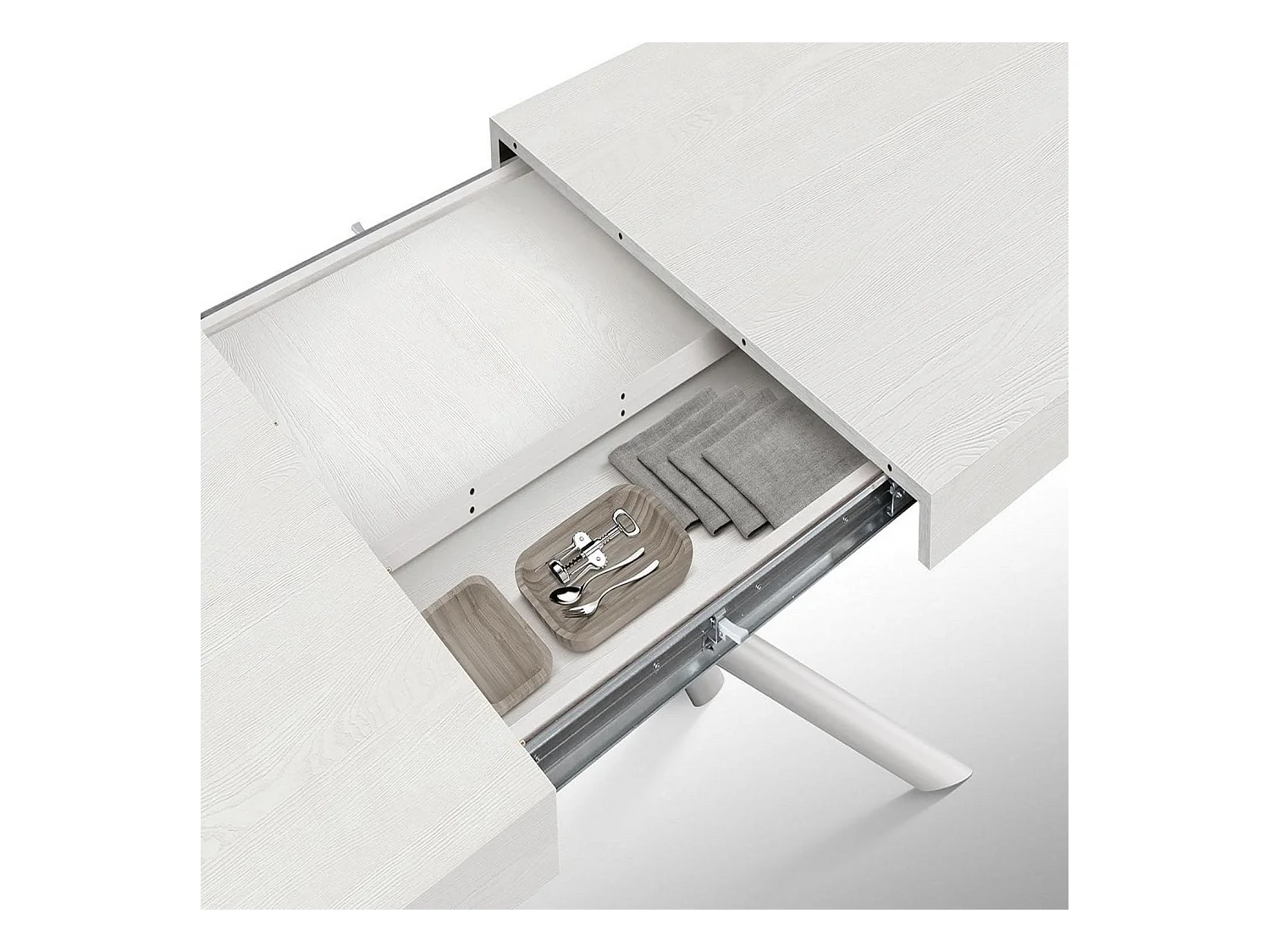 Table en bois, finition blanche, piètement en métal peint en blanc, 180×90–260×90 - CARRARA