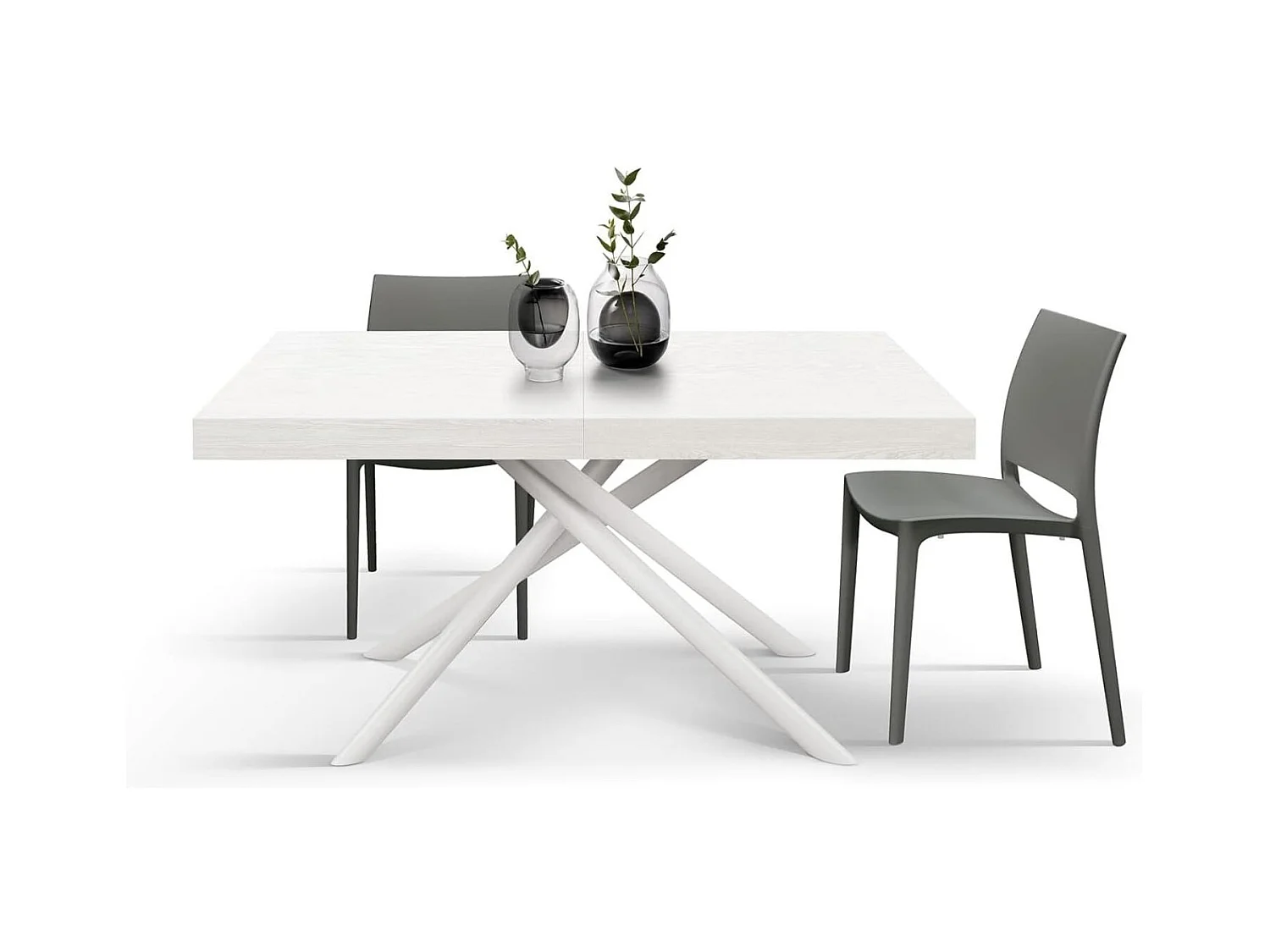 Table en bois, finition blanche, piètement en métal peint en blanc, 180×90–260×90 - CARRARA