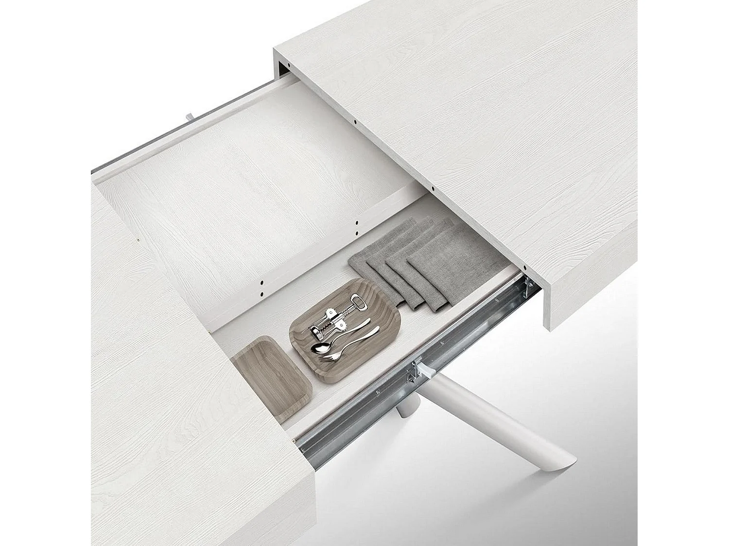 Table en bois, finition blanche, piètement en métal peint en blanc, 180×90–260×90 - CARRARA