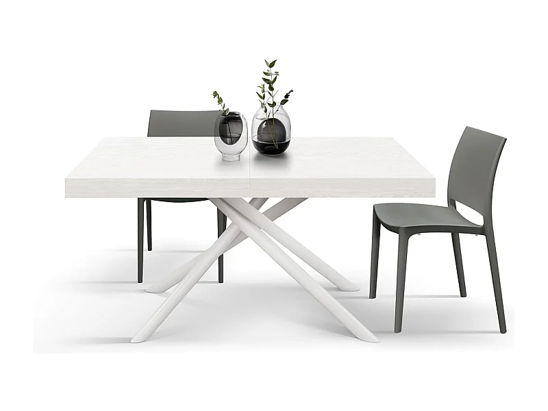 Table en bois, finition blanche, piètement en métal peint en blanc, 180×90–260×90 - CARRARA