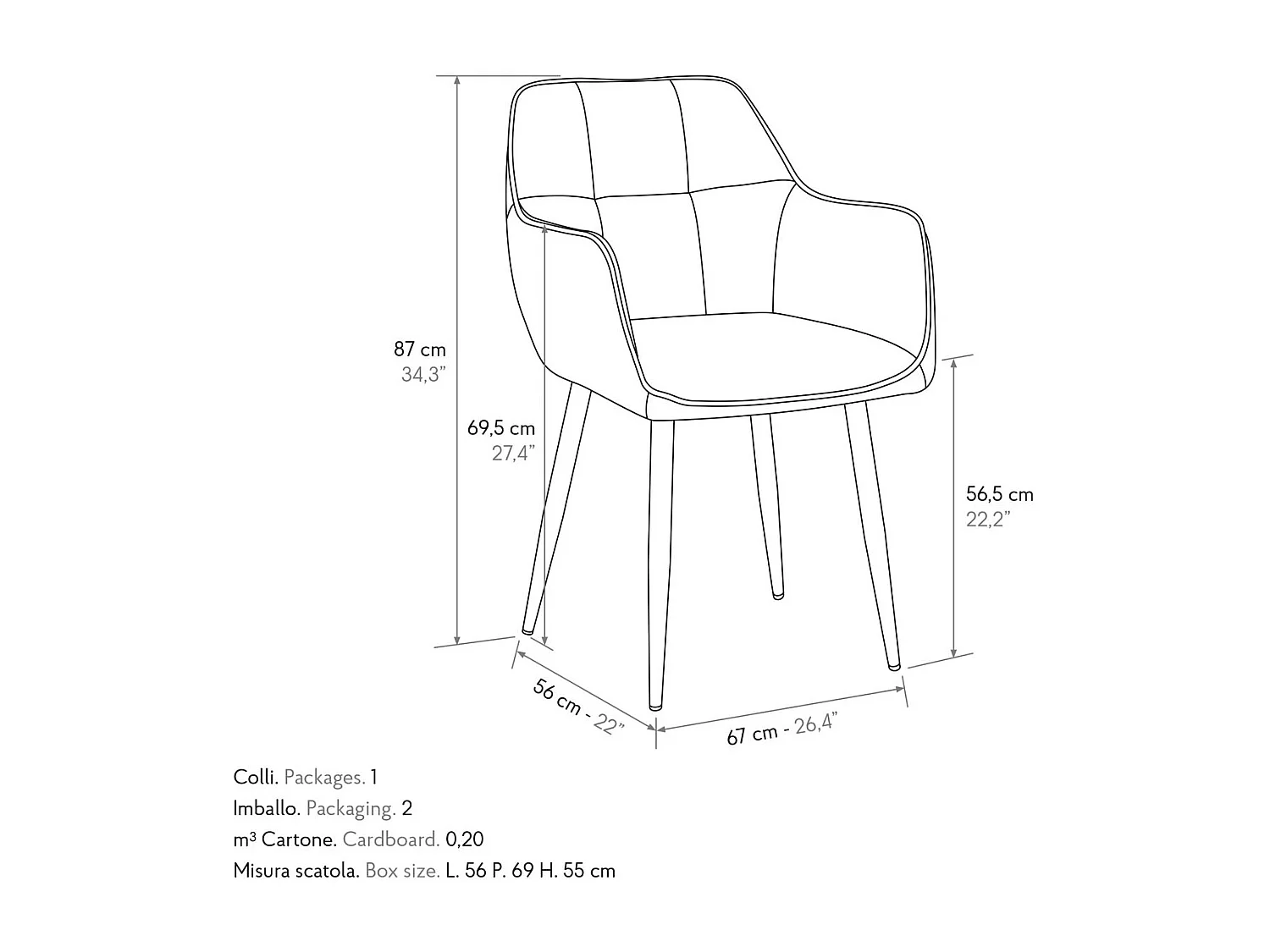 Ensemble de 2 chaises en simili cuir camel et pieds en métal noir, avec accoudoirs - PARIGI