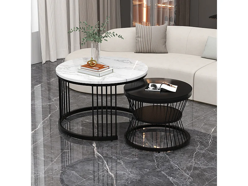 URBAN MEUBLE Ensemble de 2 tables basses gigognes ronde moderne effet marbre et noir brillant