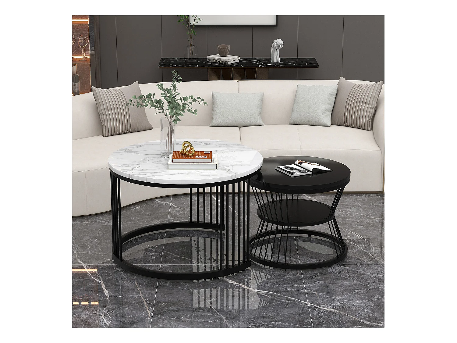 URBAN MEUBLE Ensemble de 2 tables basses gigognes ronde moderne effet marbre et noir brillant
