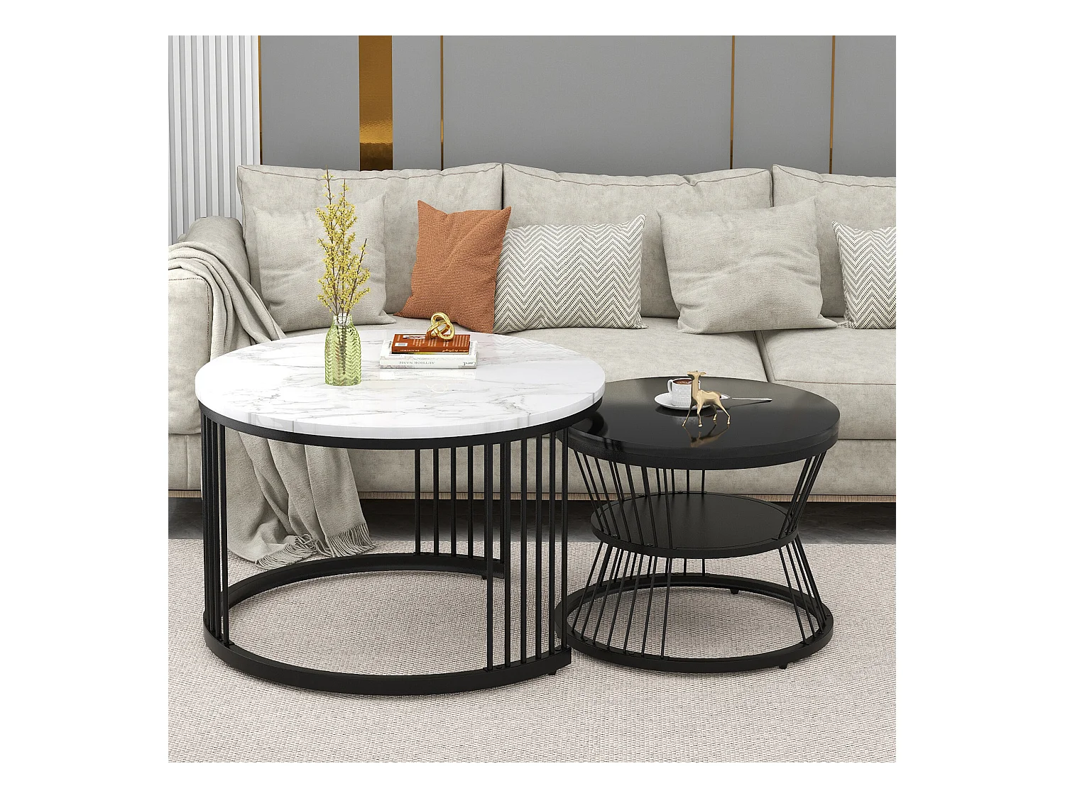 URBAN MEUBLE Ensemble de 2 tables basses gigognes ronde moderne effet marbre et noir brillant