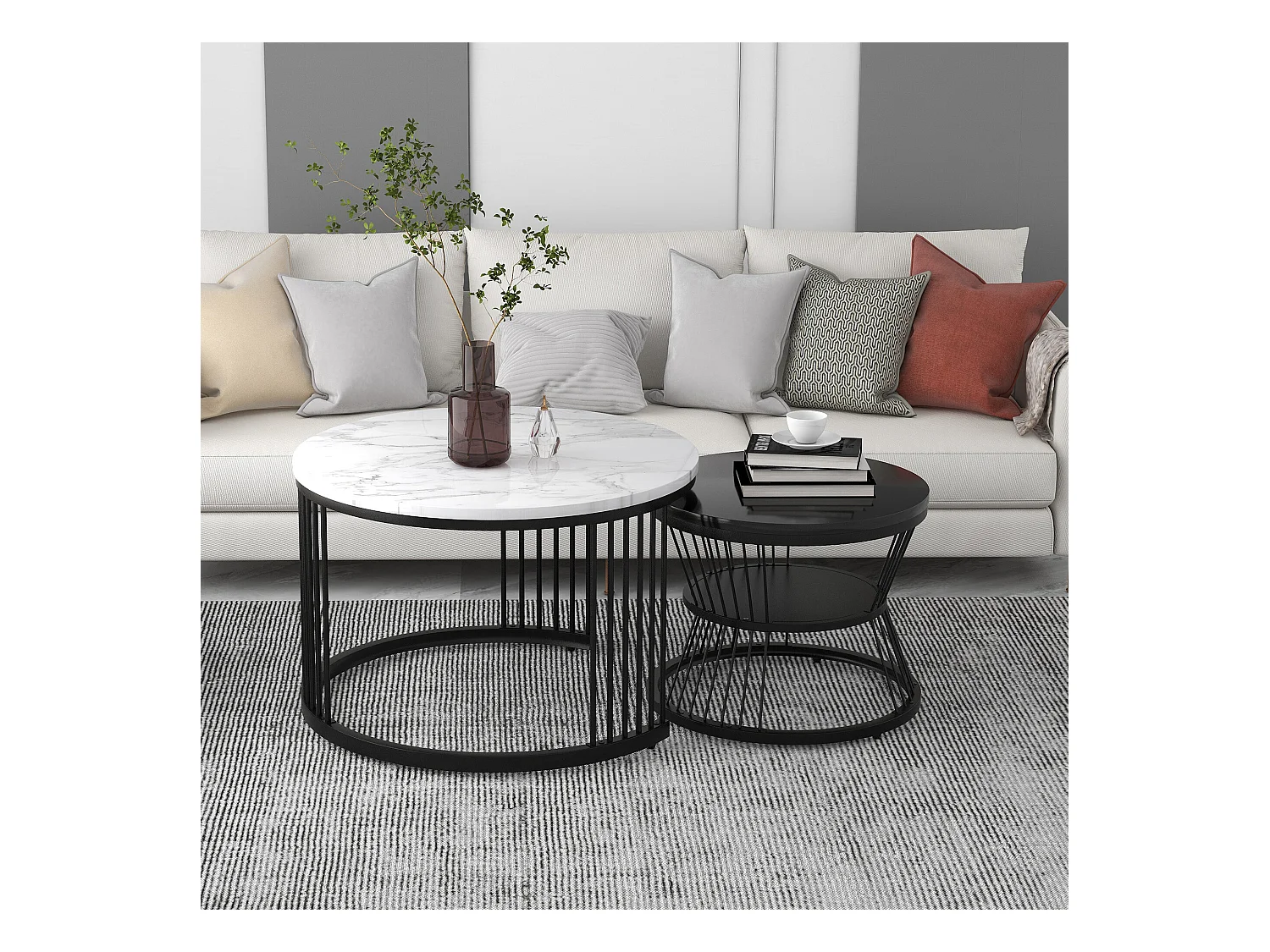 URBAN MEUBLE Ensemble de 2 tables basses gigognes ronde moderne effet marbre et noir brillant