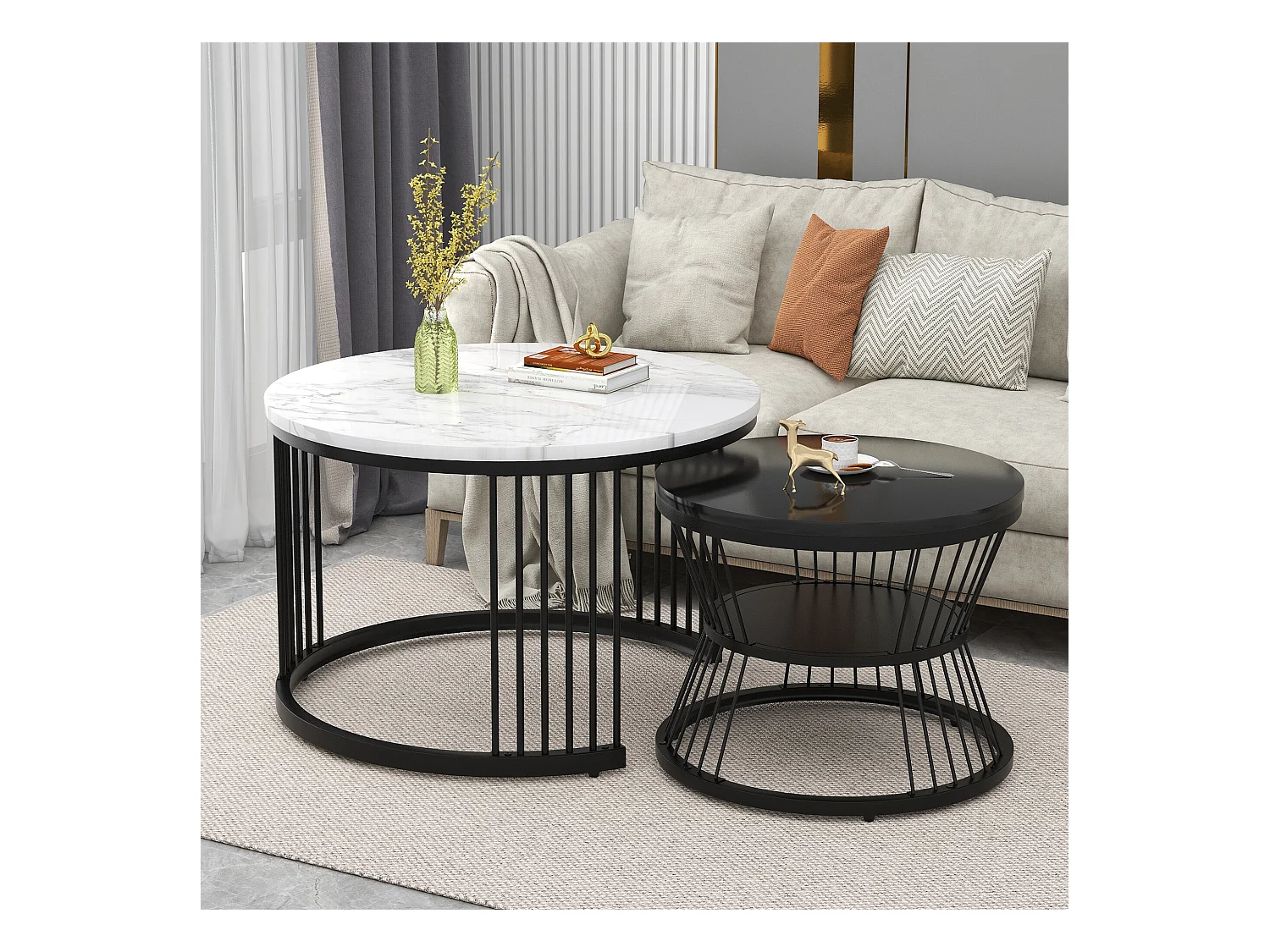 URBAN MEUBLE Ensemble de 2 tables basses gigognes ronde moderne effet marbre et noir brillant