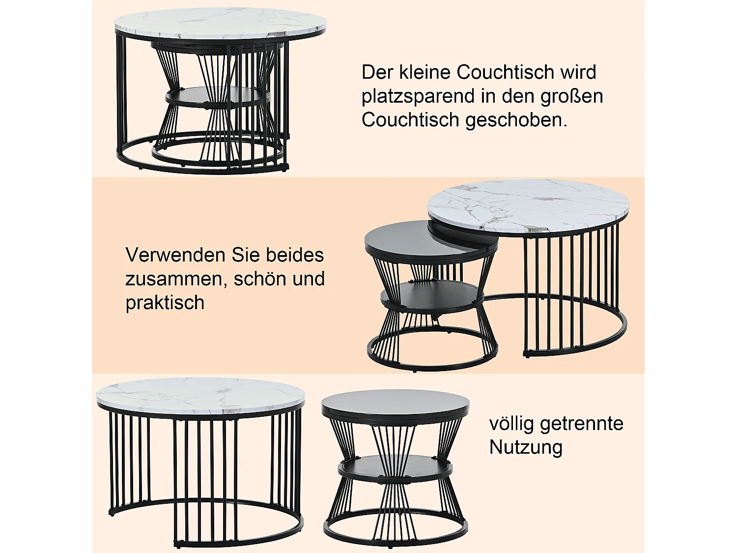 URBAN MEUBLE Ensemble de 2 tables basses gigognes ronde moderne effet marbre et noir brillant