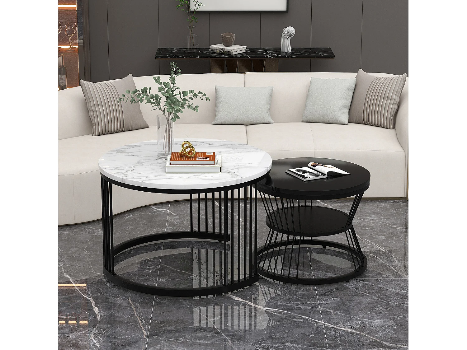 URBAN MEUBLE Ensemble de 2 tables basses gigognes ronde moderne effet marbre et noir brillant