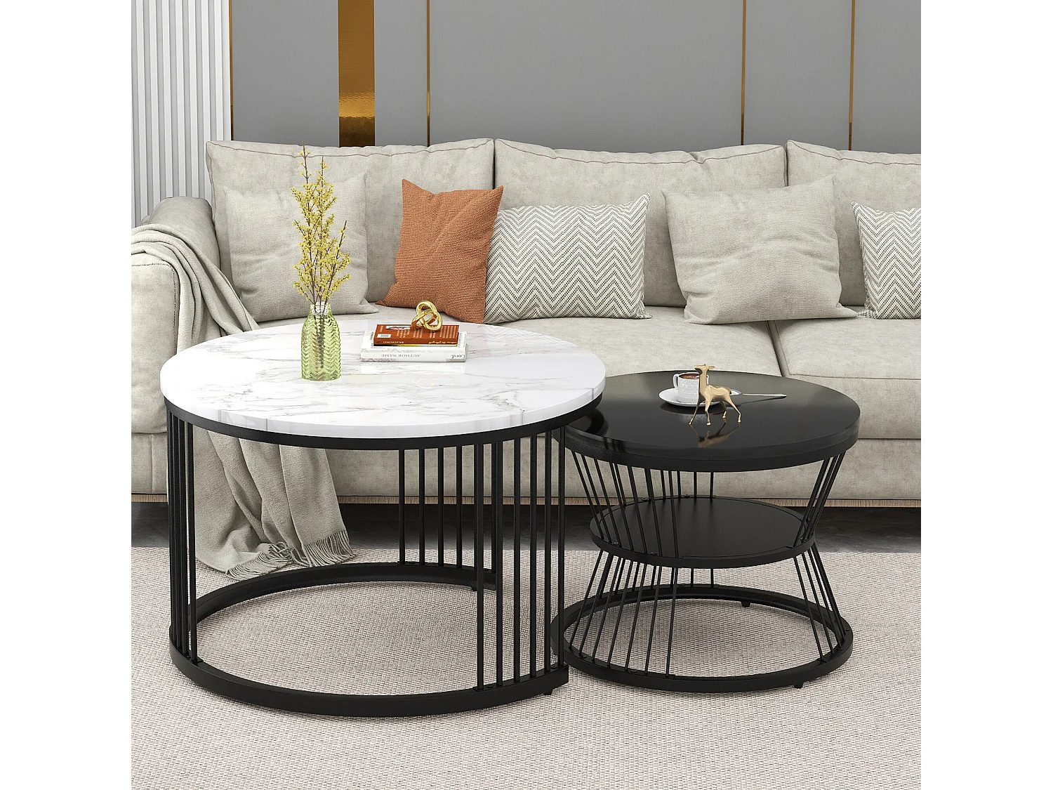URBAN MEUBLE Ensemble de 2 tables basses gigognes ronde moderne effet marbre et noir brillant