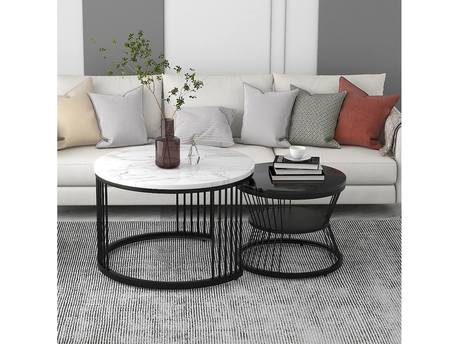 URBAN MEUBLE Ensemble de 2 tables basses gigognes ronde moderne effet marbre et noir brillant