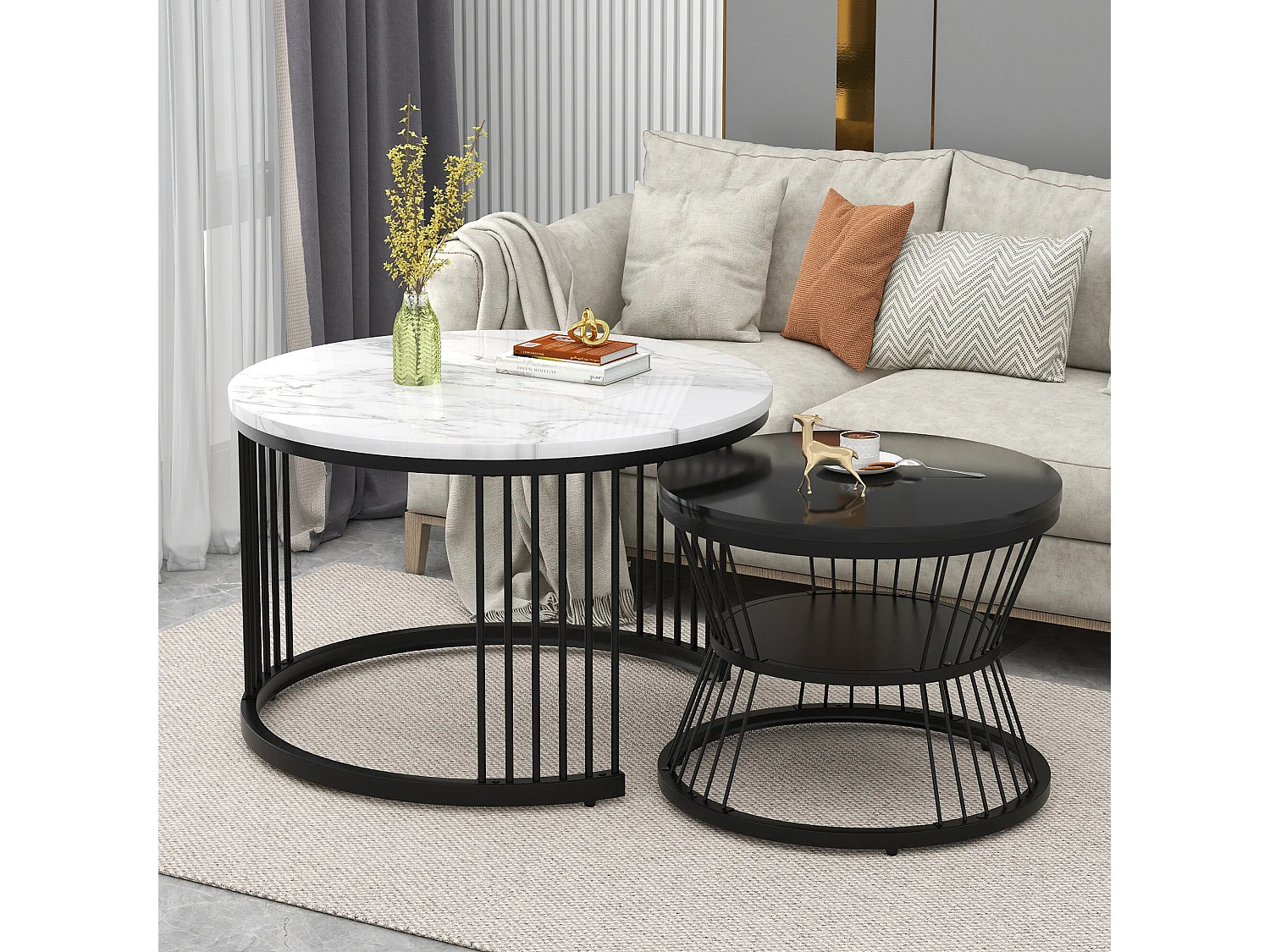 URBAN MEUBLE Ensemble de 2 tables basses gigognes ronde moderne effet marbre et noir brillant