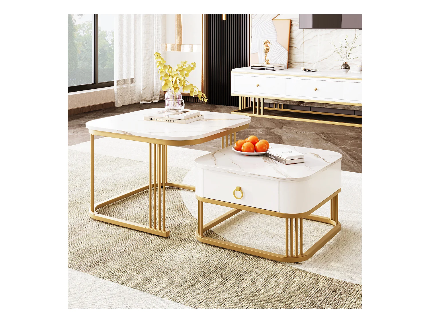 URBAN MEUBLE Ensemble de 2 tables basses gigognes carrées effet marbre blanc avec tiroir pieds dorés