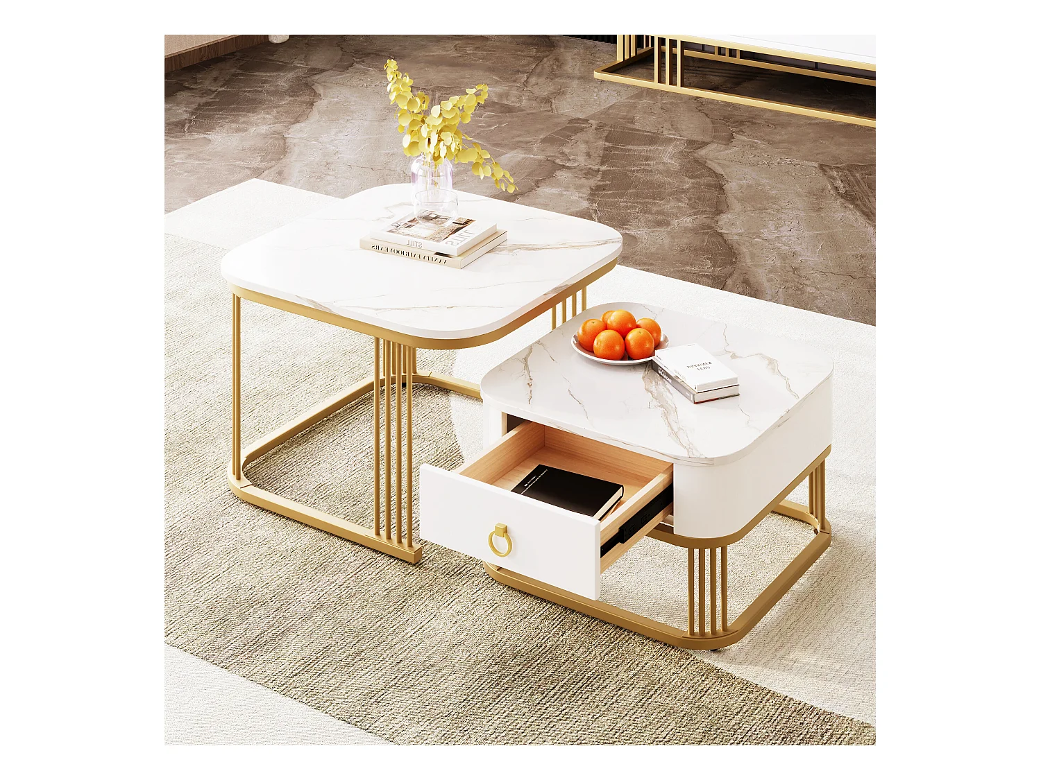 URBAN MEUBLE Ensemble de 2 tables basses gigognes carrées effet marbre blanc avec tiroir pieds dorés