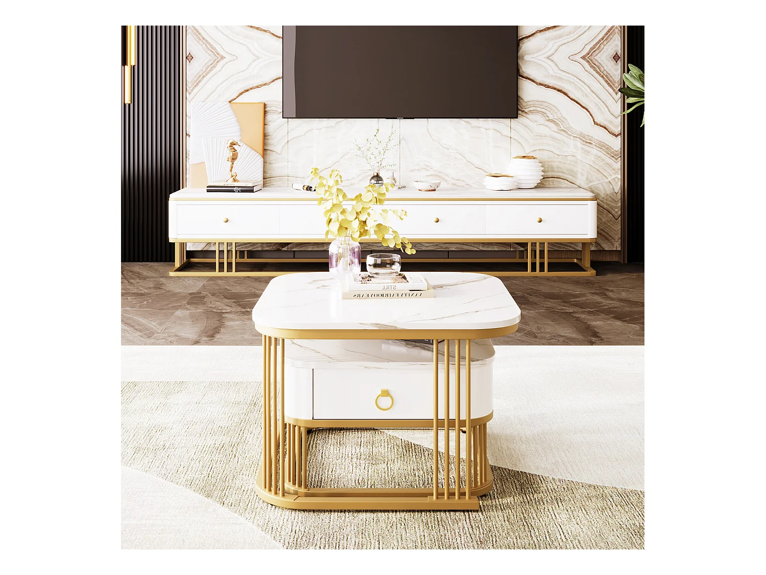 URBAN MEUBLE Ensemble de 2 tables basses gigognes carrées effet marbre blanc avec tiroir pieds dorés