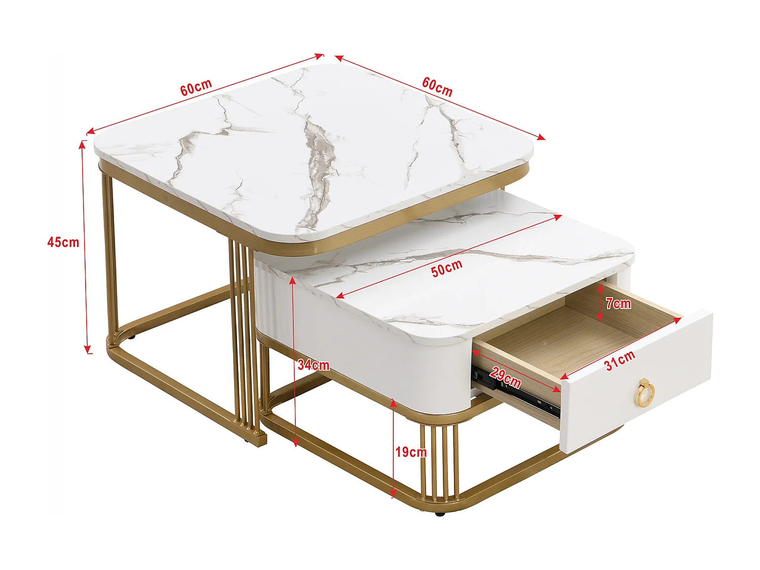 URBAN MEUBLE Ensemble de 2 tables basses gigognes carrées effet marbre blanc avec tiroir pieds dorés