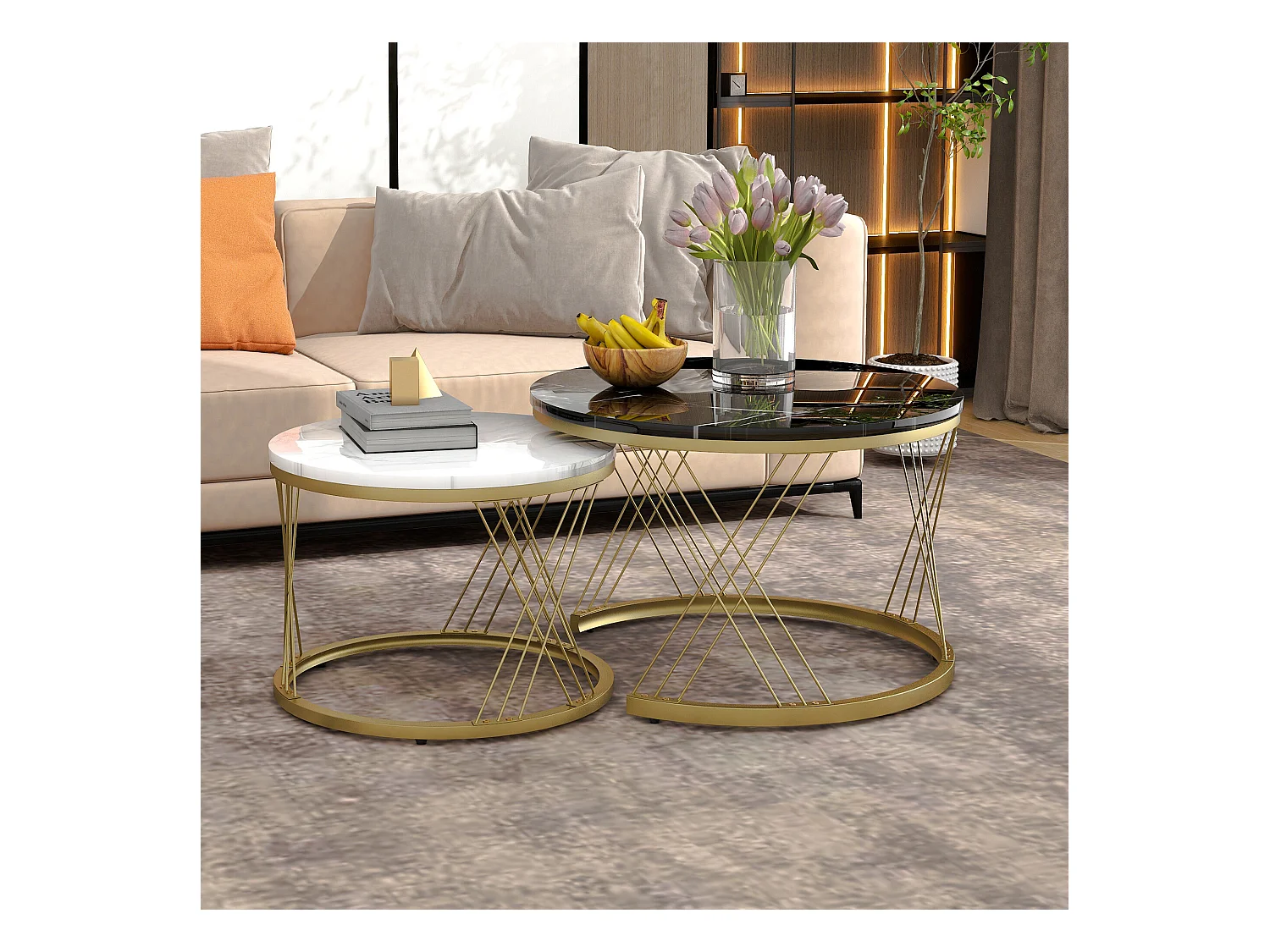 URBAN MEUBLE Lot de 2 tables basses gigognes moderne en placage de marbre noir et blanc cadre doré