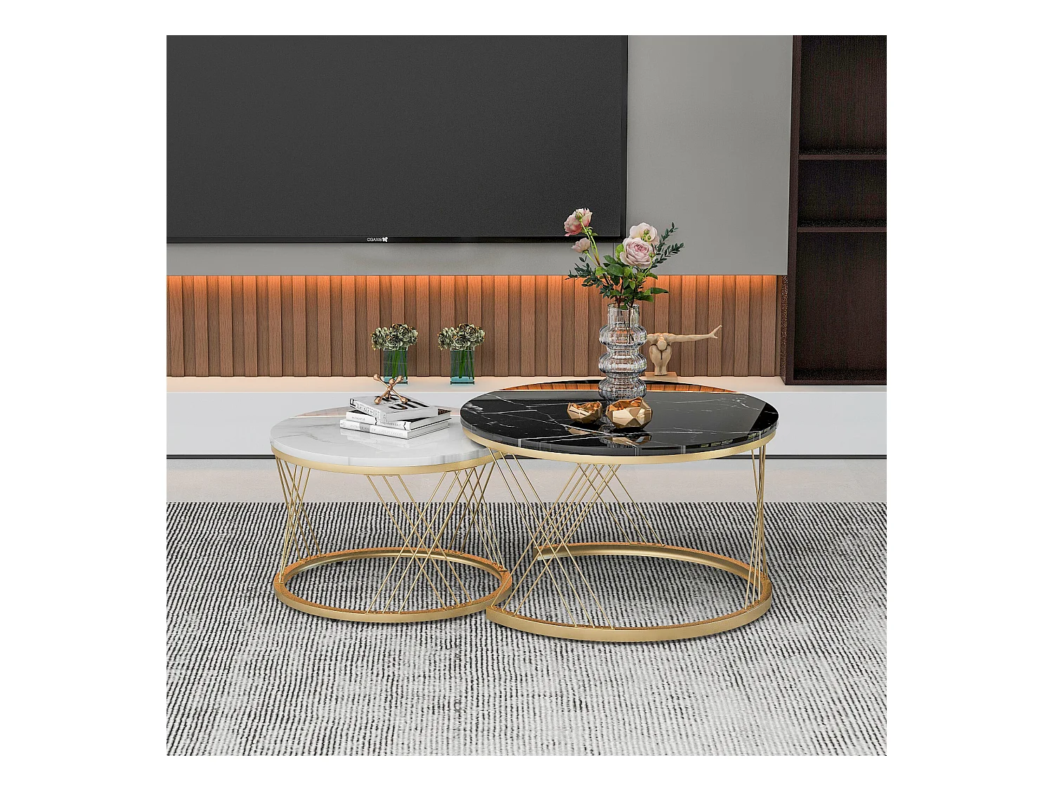 URBAN MEUBLE Lot de 2 tables basses gigognes moderne en placage de marbre noir et blanc cadre doré