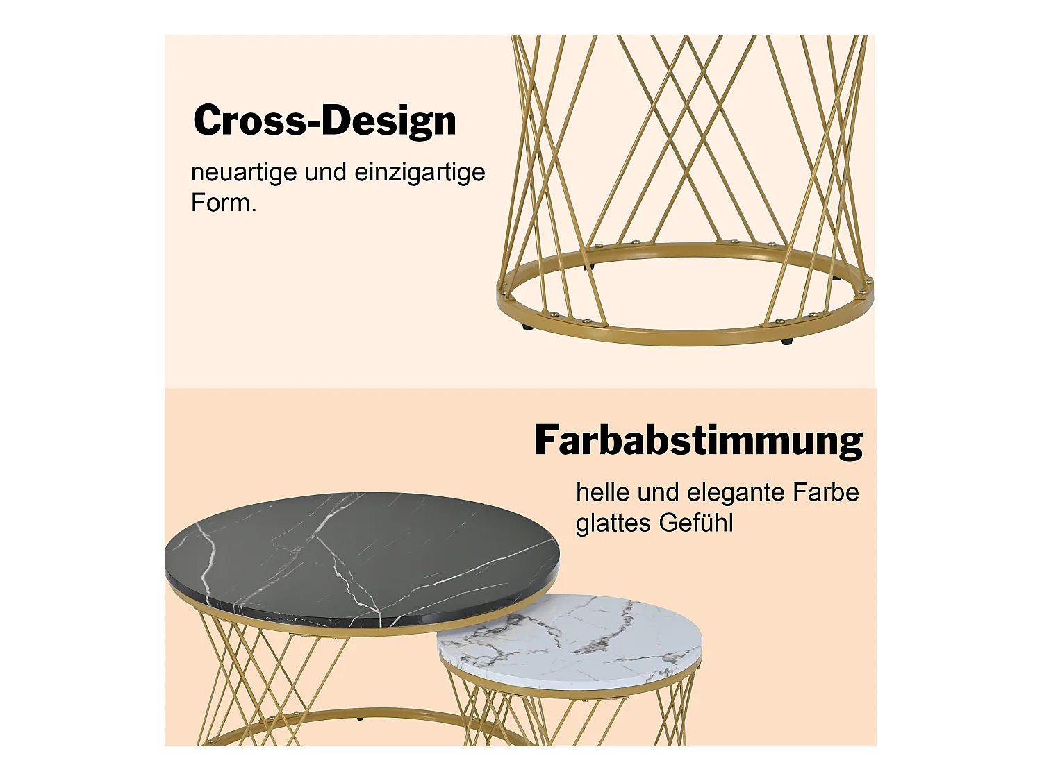 URBAN MEUBLE Lot de 2 tables basses gigognes moderne en placage de marbre noir et blanc cadre doré