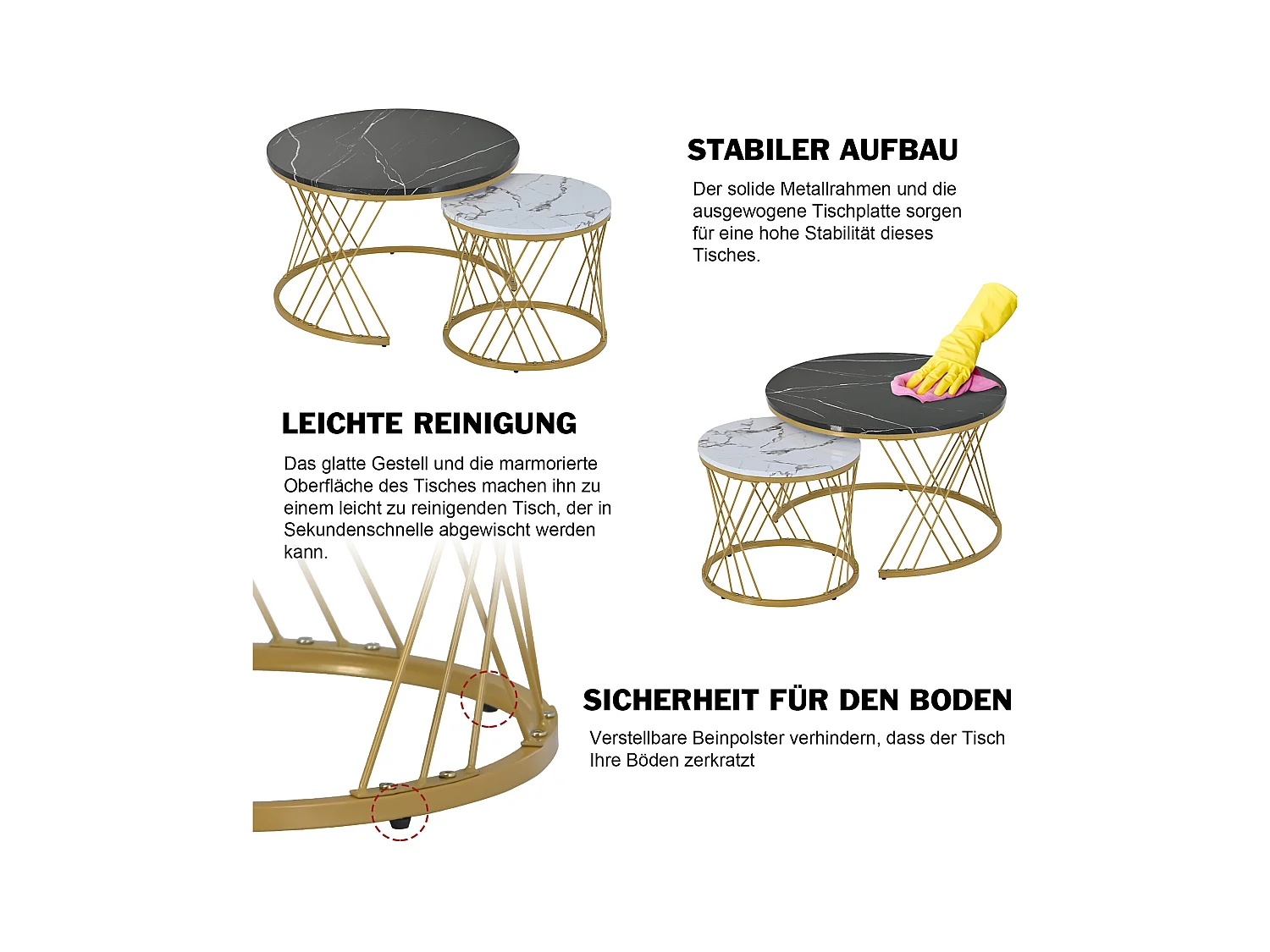 URBAN MEUBLE Lot de 2 tables basses gigognes moderne en placage de marbre noir et blanc cadre doré