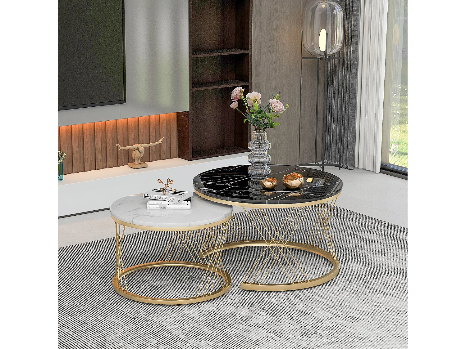 URBAN MEUBLE Lot de 2 tables basses gigognes moderne en placage de marbre noir et blanc cadre doré