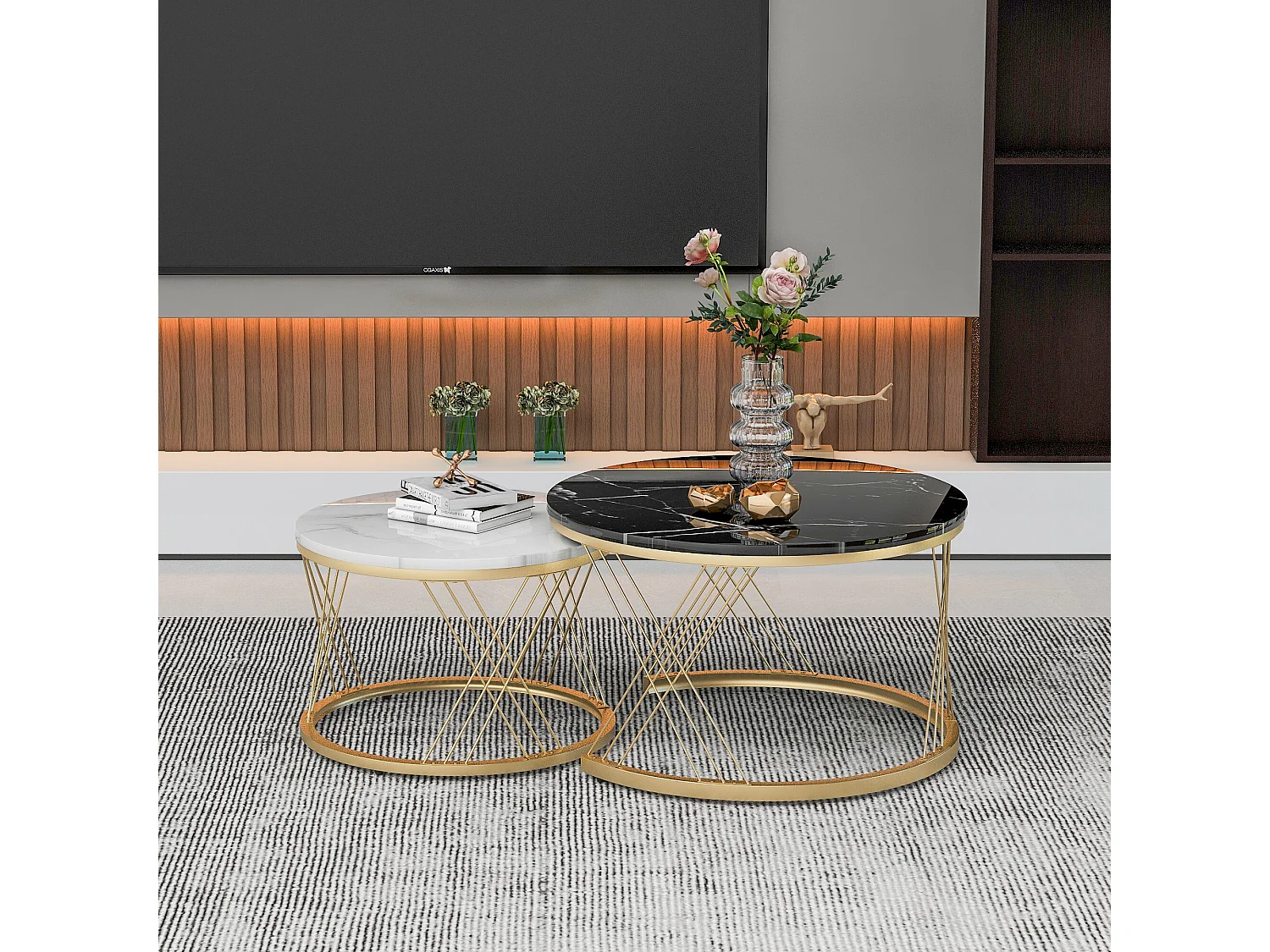 URBAN MEUBLE Lot de 2 tables basses gigognes moderne en placage de marbre noir et blanc cadre doré