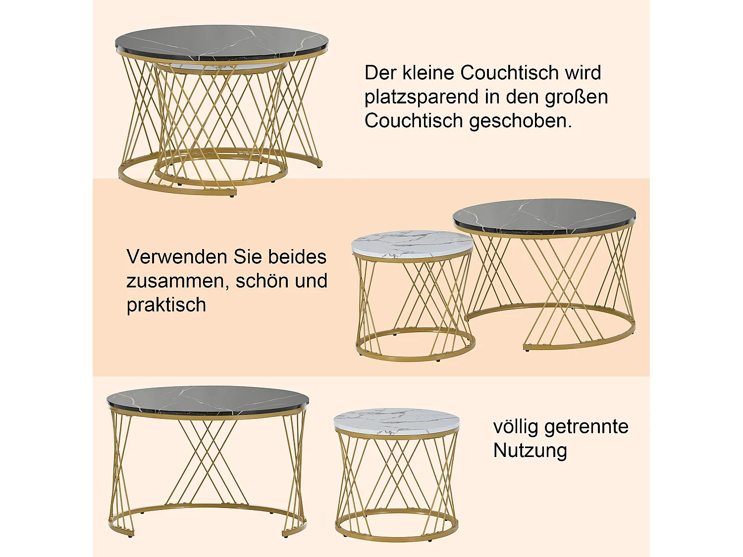 URBAN MEUBLE Lot de 2 tables basses gigognes moderne en placage de marbre noir et blanc cadre doré