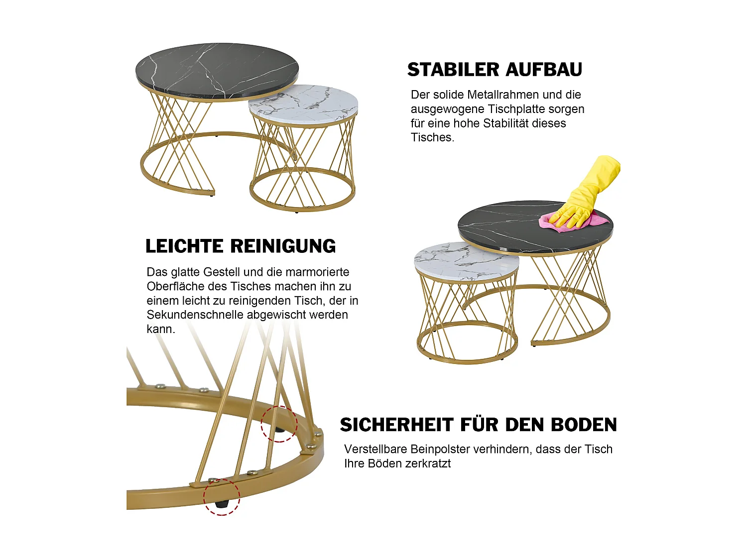 URBAN MEUBLE Lot de 2 tables basses gigognes moderne en placage de marbre noir et blanc cadre doré