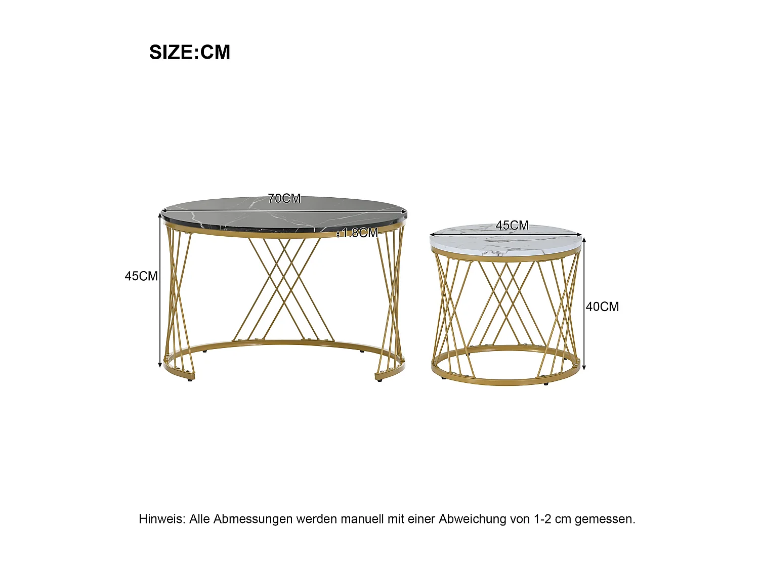 URBAN MEUBLE Lot de 2 tables basses gigognes moderne en placage de marbre noir et blanc cadre doré