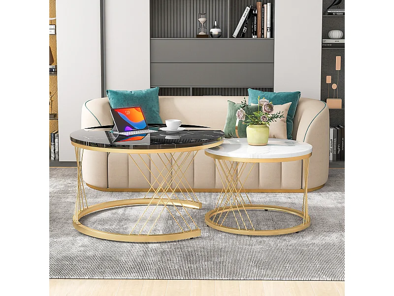 URBAN MEUBLE Lot de 2 tables basses gigognes moderne en placage de marbre noir et blanc cadre doré