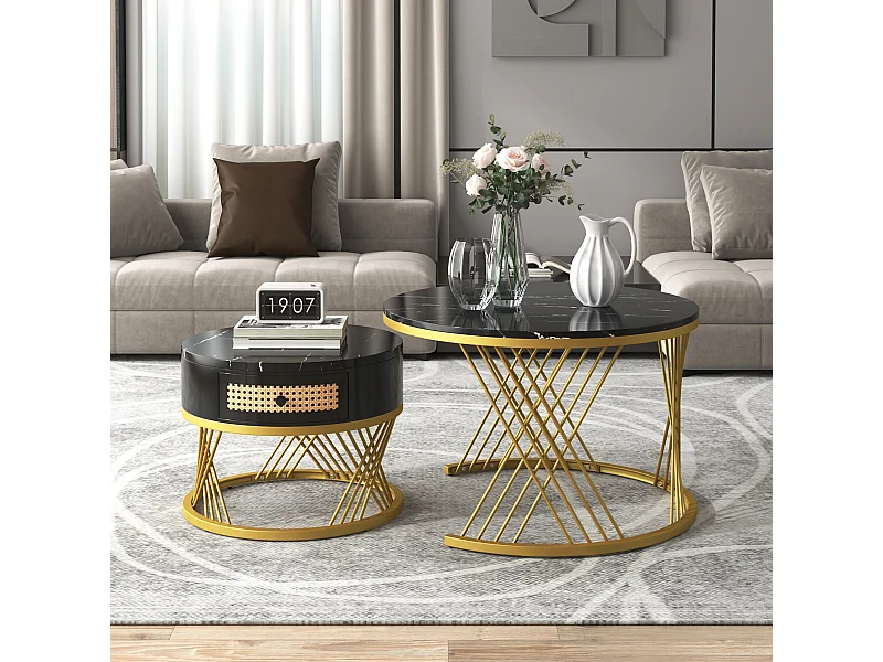 URBAN MEUBLE Ensemble de 2 tables basses gigognes rondes effet marbre noir et rotin