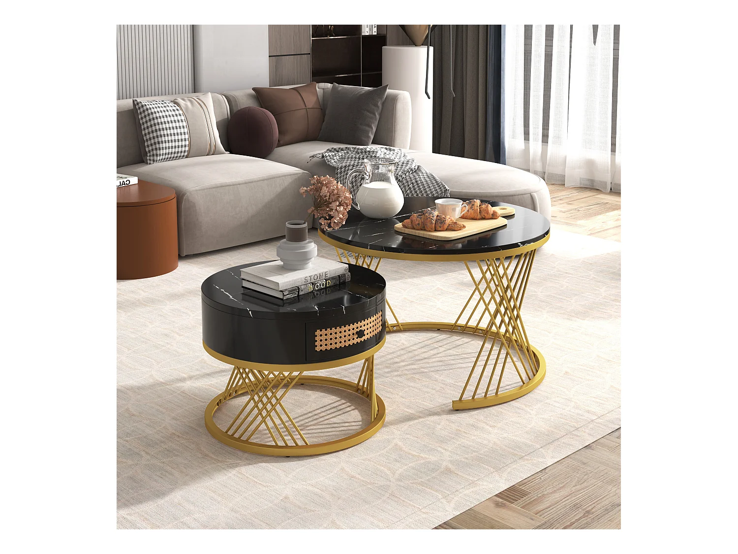 URBAN MEUBLE Ensemble de 2 tables basses gigognes rondes effet marbre noir et rotin