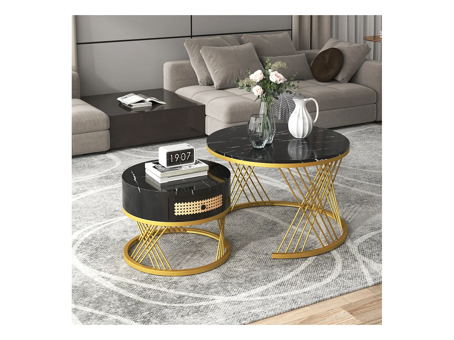 URBAN MEUBLE Ensemble de 2 tables basses gigognes rondes effet marbre noir et rotin
