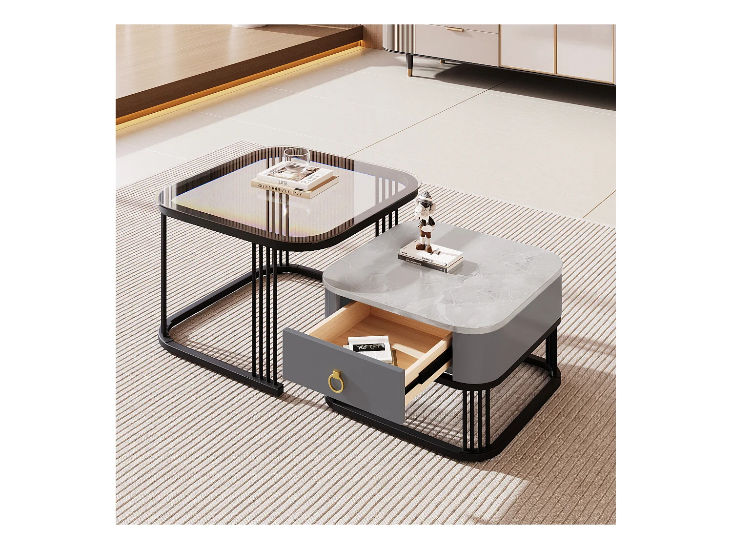 URBAN MEUBLE Ensemble de 2 tables basses gigognes carrées verre trempé et effet marbre avec tiroir