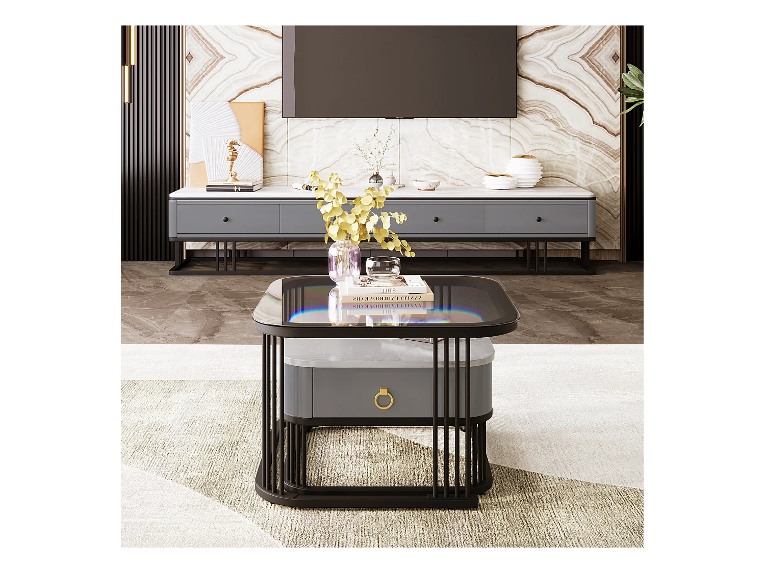 URBAN MEUBLE Ensemble de 2 tables basses gigognes carrées verre trempé et effet marbre avec tiroir