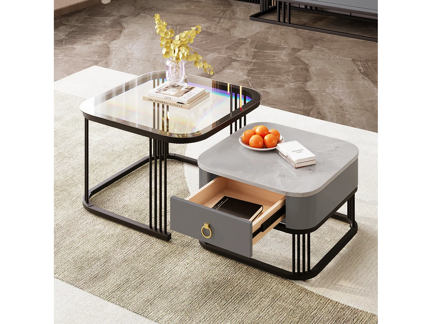 URBAN MEUBLE Ensemble de 2 tables basses gigognes carrées verre trempé et effet marbre avec tiroir