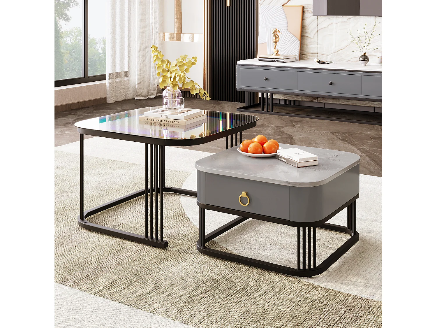 URBAN MEUBLE Ensemble de 2 tables basses gigognes carrées verre trempé et effet marbre avec tiroir