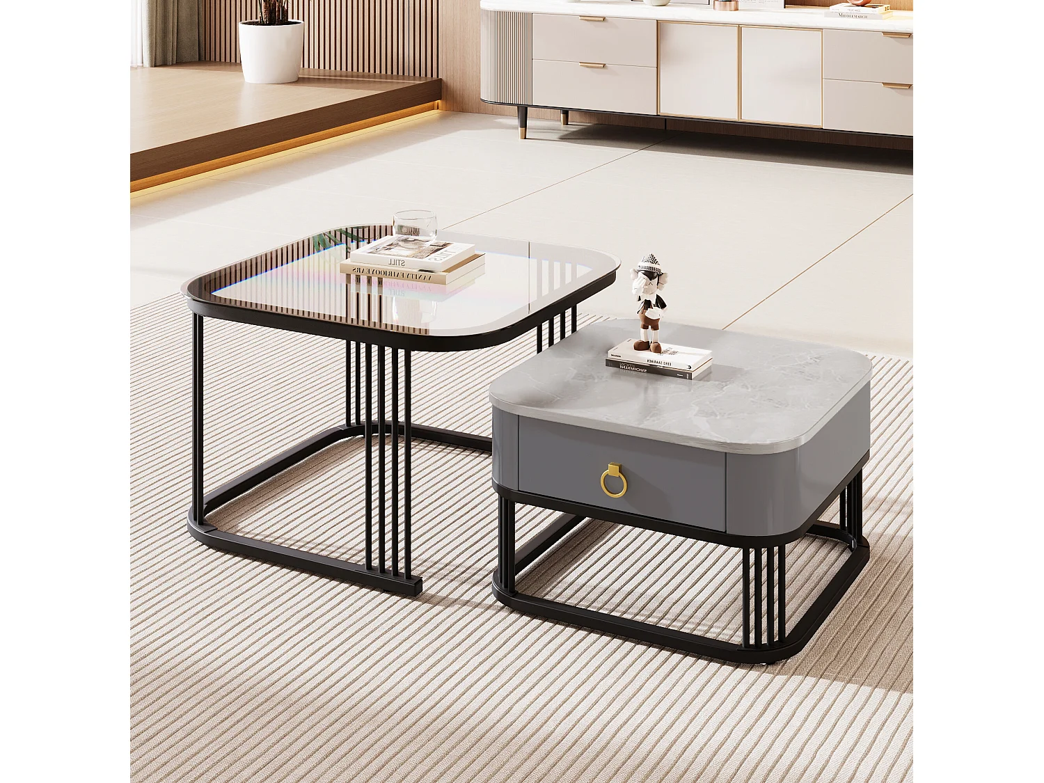 URBAN MEUBLE Ensemble de 2 tables basses gigognes carrées verre trempé et effet marbre avec tiroir