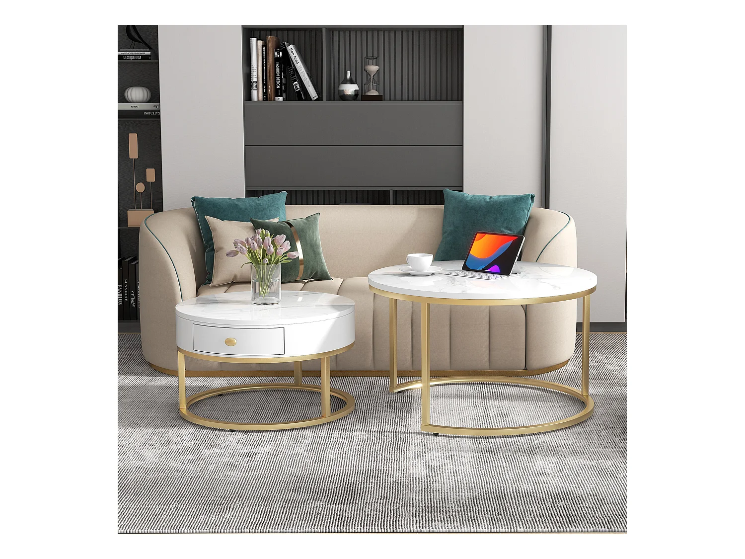 URBAN MEUBLE Ensemble tables basses gigognes effet marbre blanc avec tiroir pieds dorés