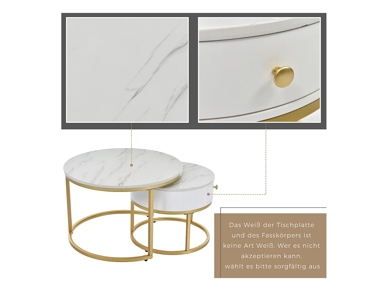 URBAN MEUBLE Ensemble tables basses gigognes effet marbre blanc avec tiroir pieds dorés