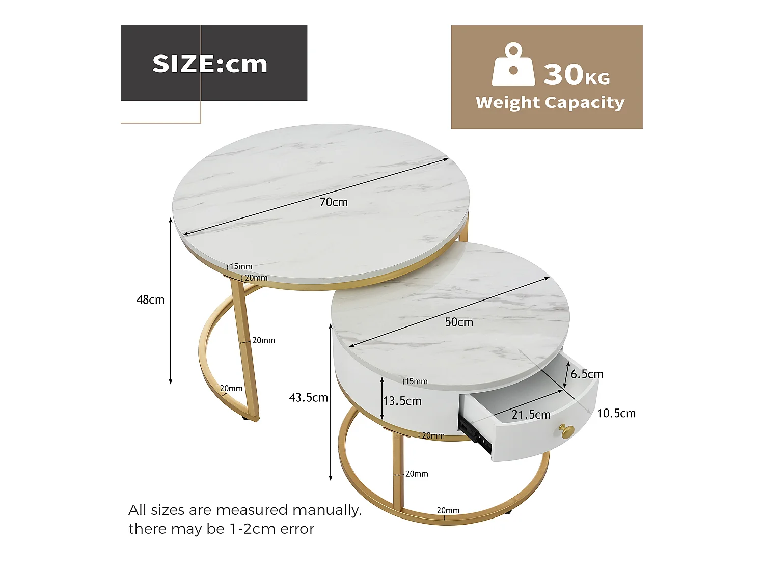 URBAN MEUBLE Ensemble tables basses gigognes effet marbre blanc avec tiroir pieds dorés