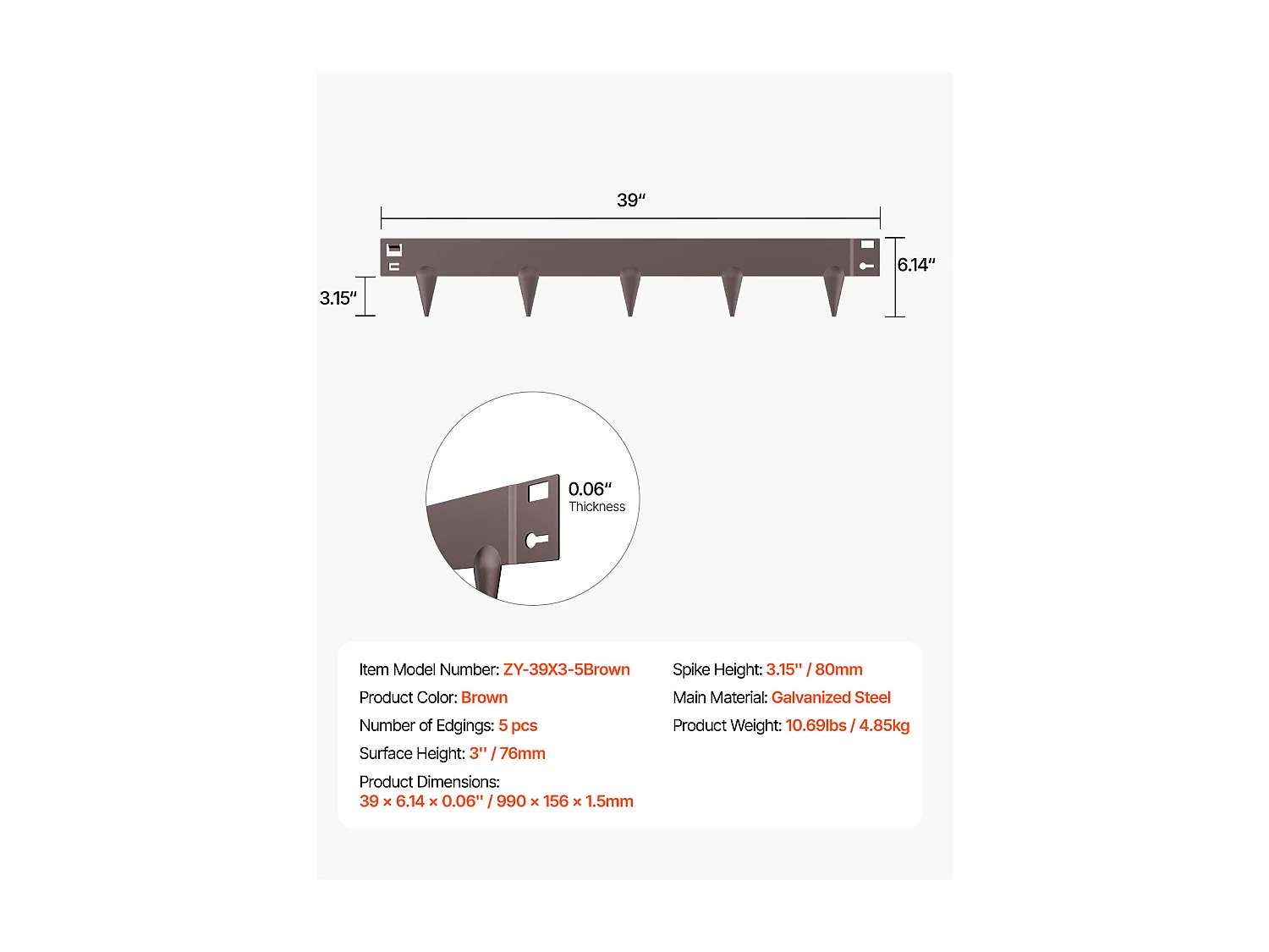 Bordures à Planter SucceBuy Bordure de Jardin en Acier, Lot de 5, 99 x 7,5 cm, Antirouille, Marron