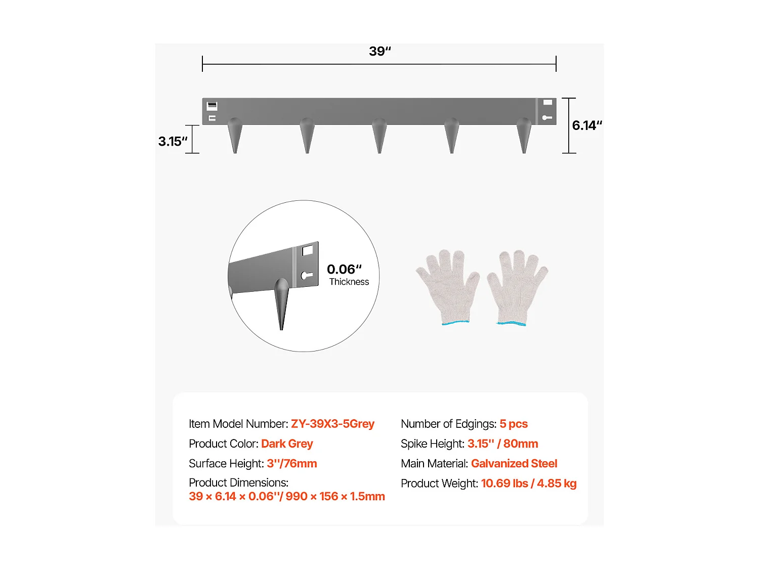 Beete zum Bepflanzen SucceBuy Robuste Garteneinfassung aus Stahl, 5-teilig, 99 x 7,5 cm, Dunkelgrau
