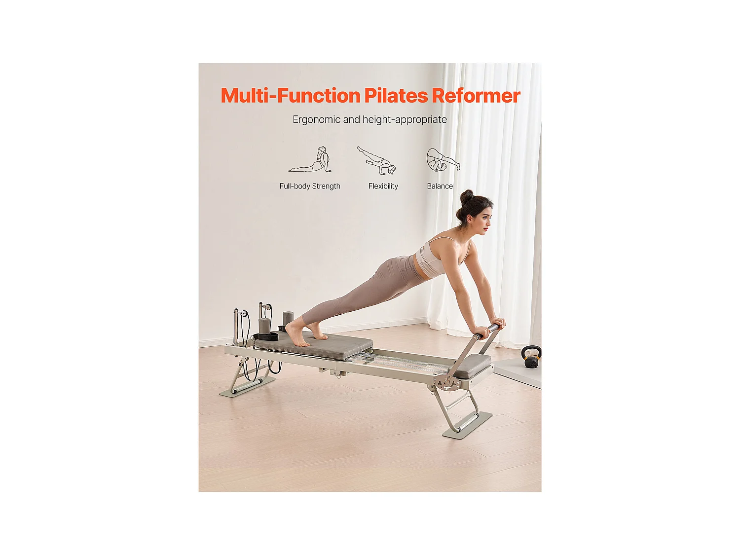 Pilates-Gerät SucceBuy Faltbares Pilates-Reformer-Trainingsgerät mit einer Maximalen Belastung von 180 kg, Ausgestattet mit Doppelfedern und Kordeln